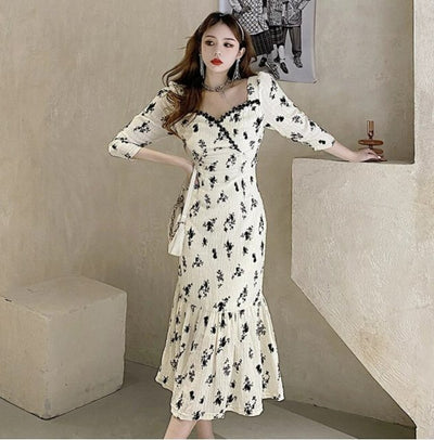 Vintage Khaki Kvetinové Dlhé Šaty