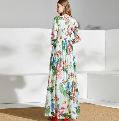 Zelené Vintage Kvetinové Dlhé Šaty