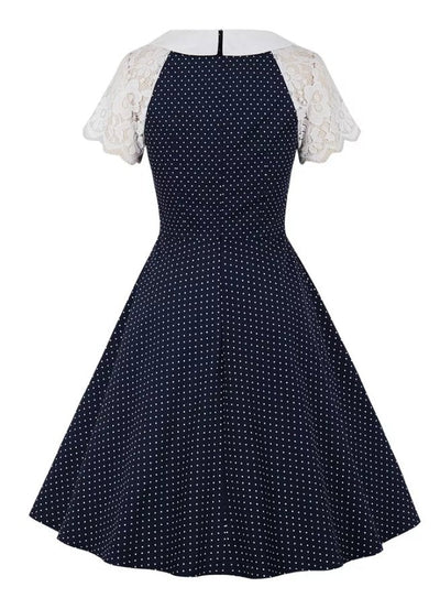 Vintage Modré Šaty S Čipkovaným Golierom