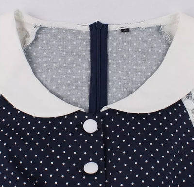 Vintage Modré Šaty S Čipkovaným Golierom