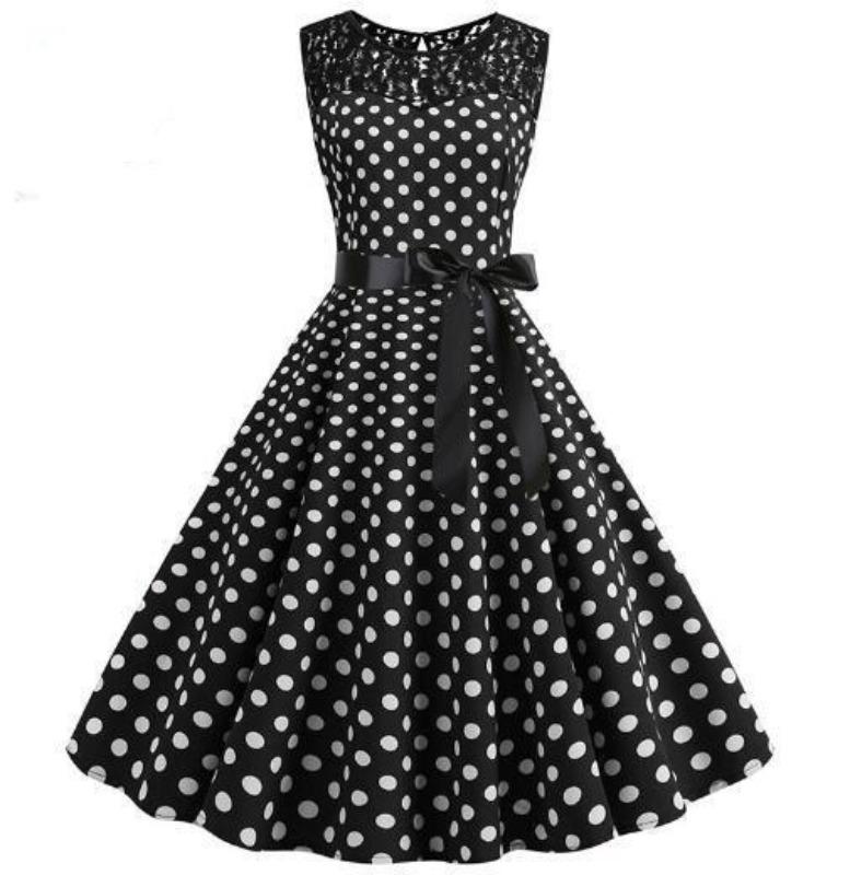 Vintage Čierne Čipkované Bodkované Šaty