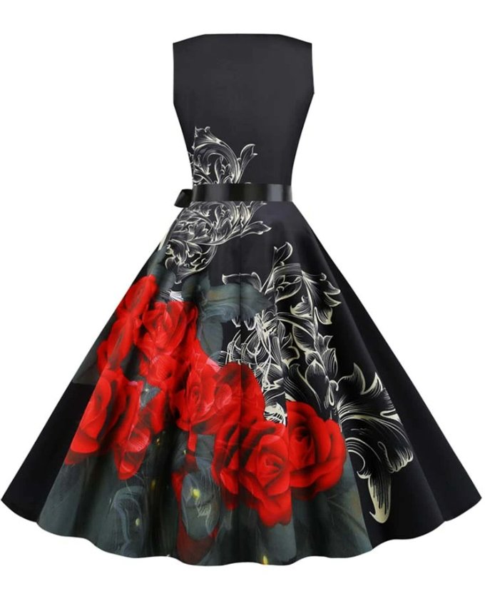 Vintage Čierne Kvetinové Rozšírené Šaty