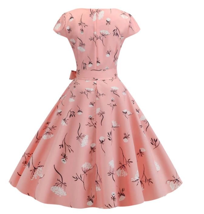 Vintage Ružové Kvetinové Rozšírené Šaty