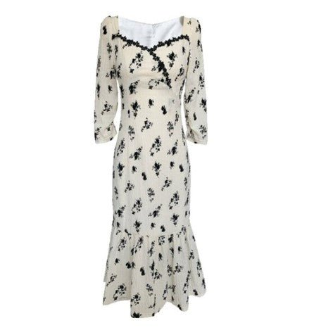 Vintage Khaki Kvetinové Dlhé Šaty