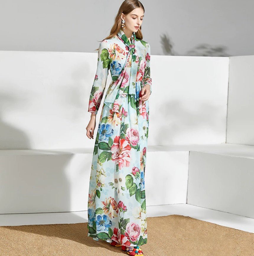 Zelené Vintage Kvetinové Dlhé Šaty
