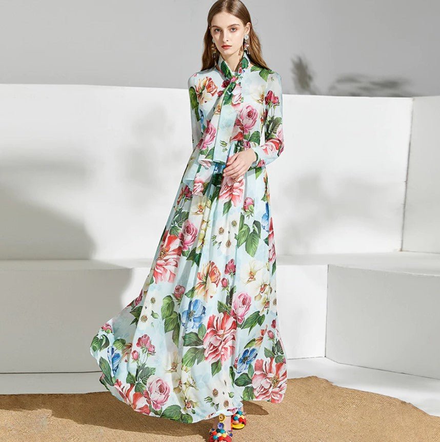 Zelené Vintage Kvetinové Dlhé Šaty