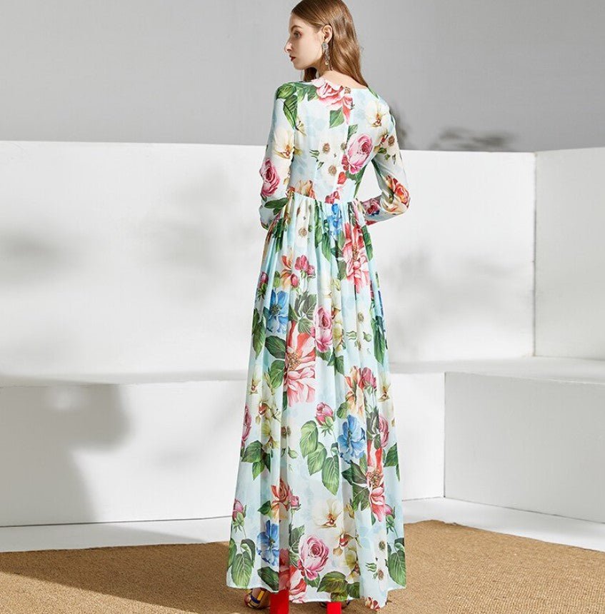 Zelené Vintage Kvetinové Dlhé Šaty