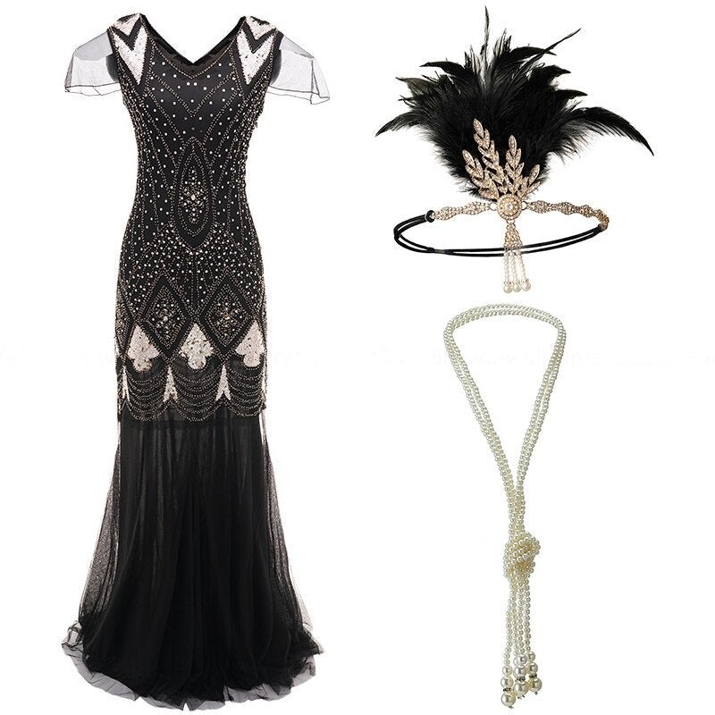Dlhé Čierne A Zlaté Šaty V Štýle 20. Rokov