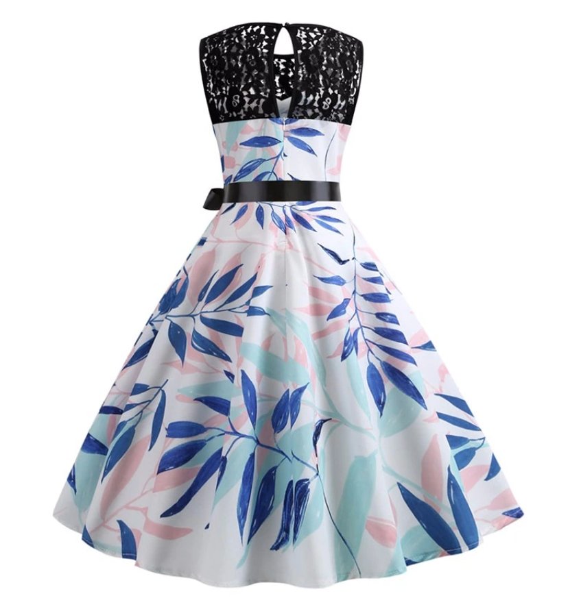 Vintage Modré Kvetinové Trapézové Šaty