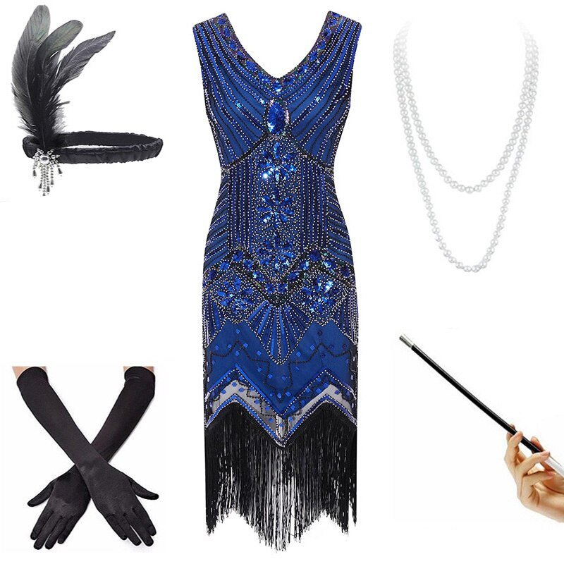 Vintage Modré Šaty Z 20. Rokov (S Doplnkami)