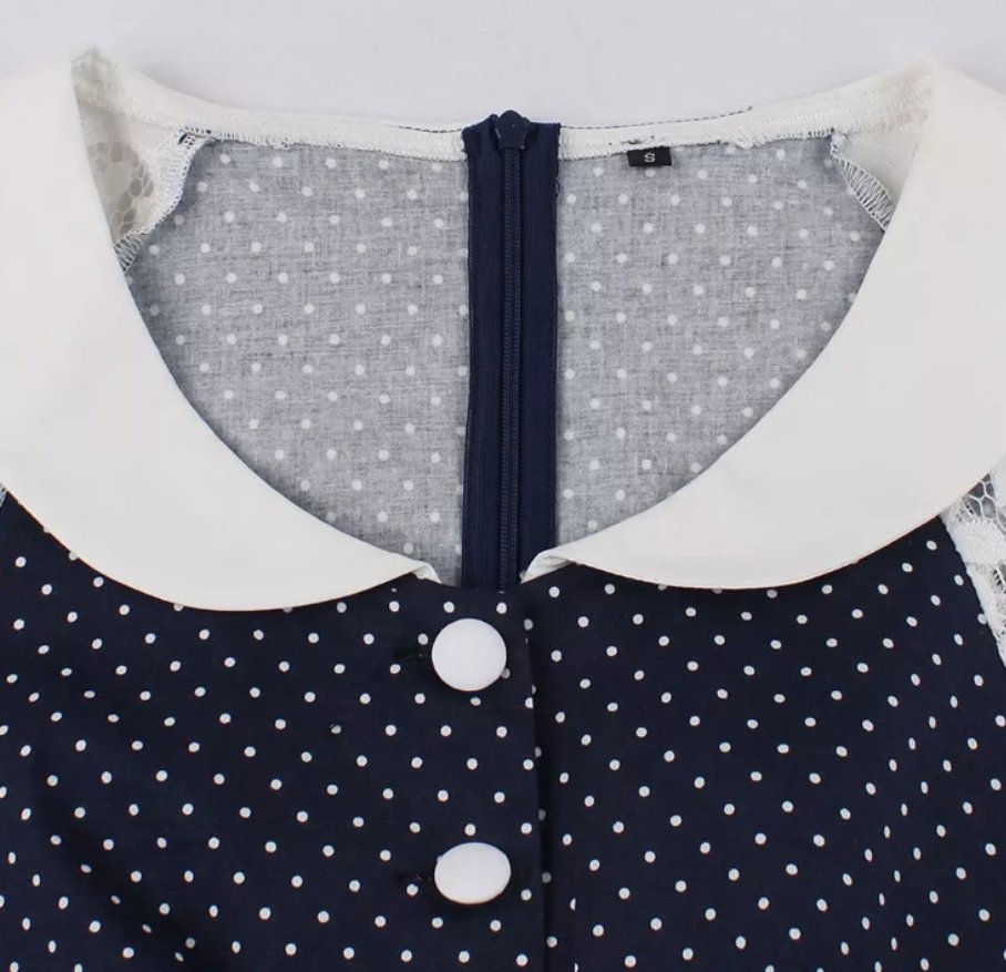 Vintage Modré Šaty S Čipkovaným Golierom