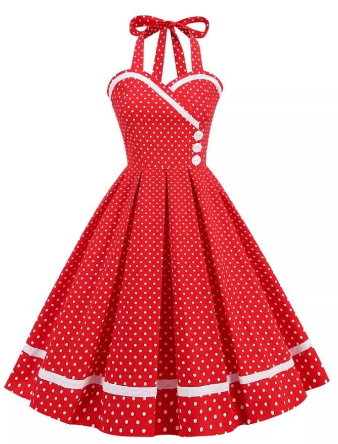 Vintage Červené Bodkované Šaty S Okrúhlym Výstrihom