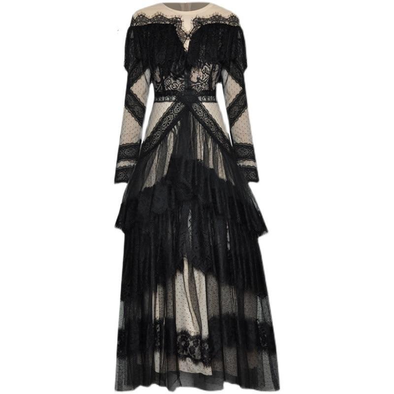 Vintage Čipkované Šaty S Dlhým Rukávom