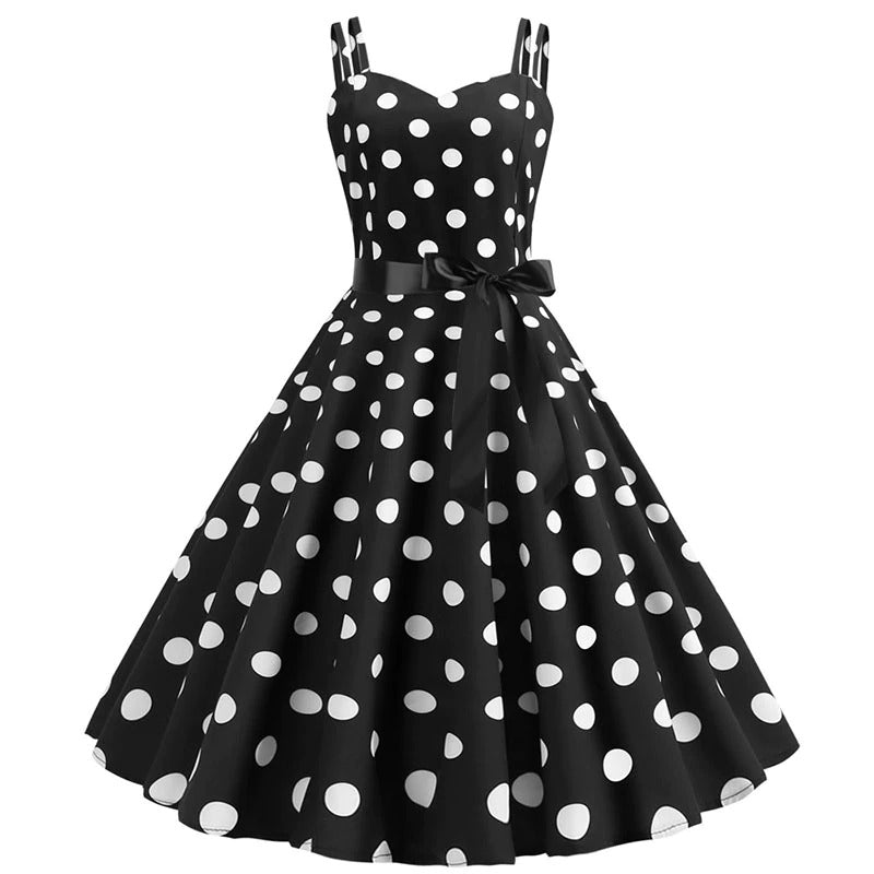 Vintage Rockabilly Šaty Čierne Bodkované