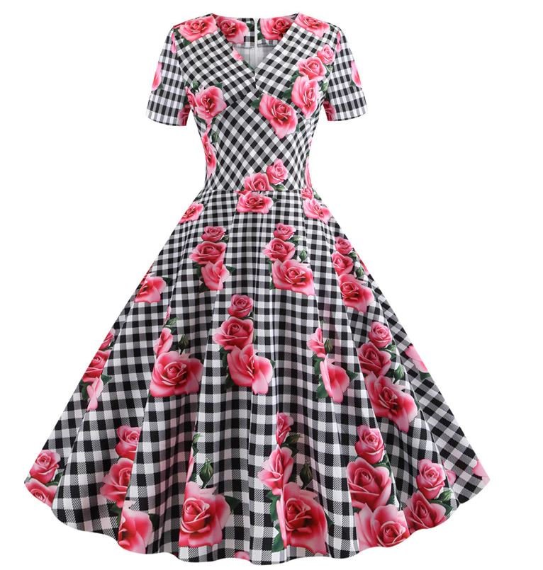 Vintage Romantické Čierne Kárované Šaty